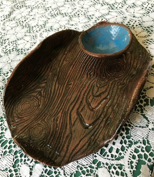 Wood Grain ceramic tray with turquoise bowl